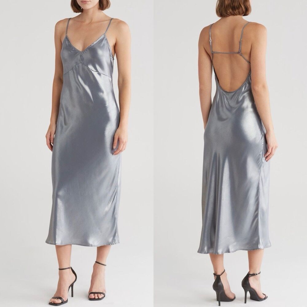 Intimately Free People Dress Drop Everything Slip Dress Large Silver Metallic
